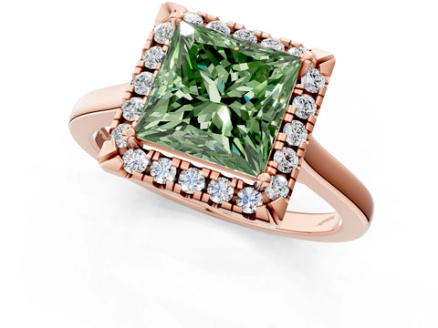 Rose gold Fancy Green Princess Cut Halo Round Diamond Solitaire Ring with Pavé Band and Four-Prong Setting_13