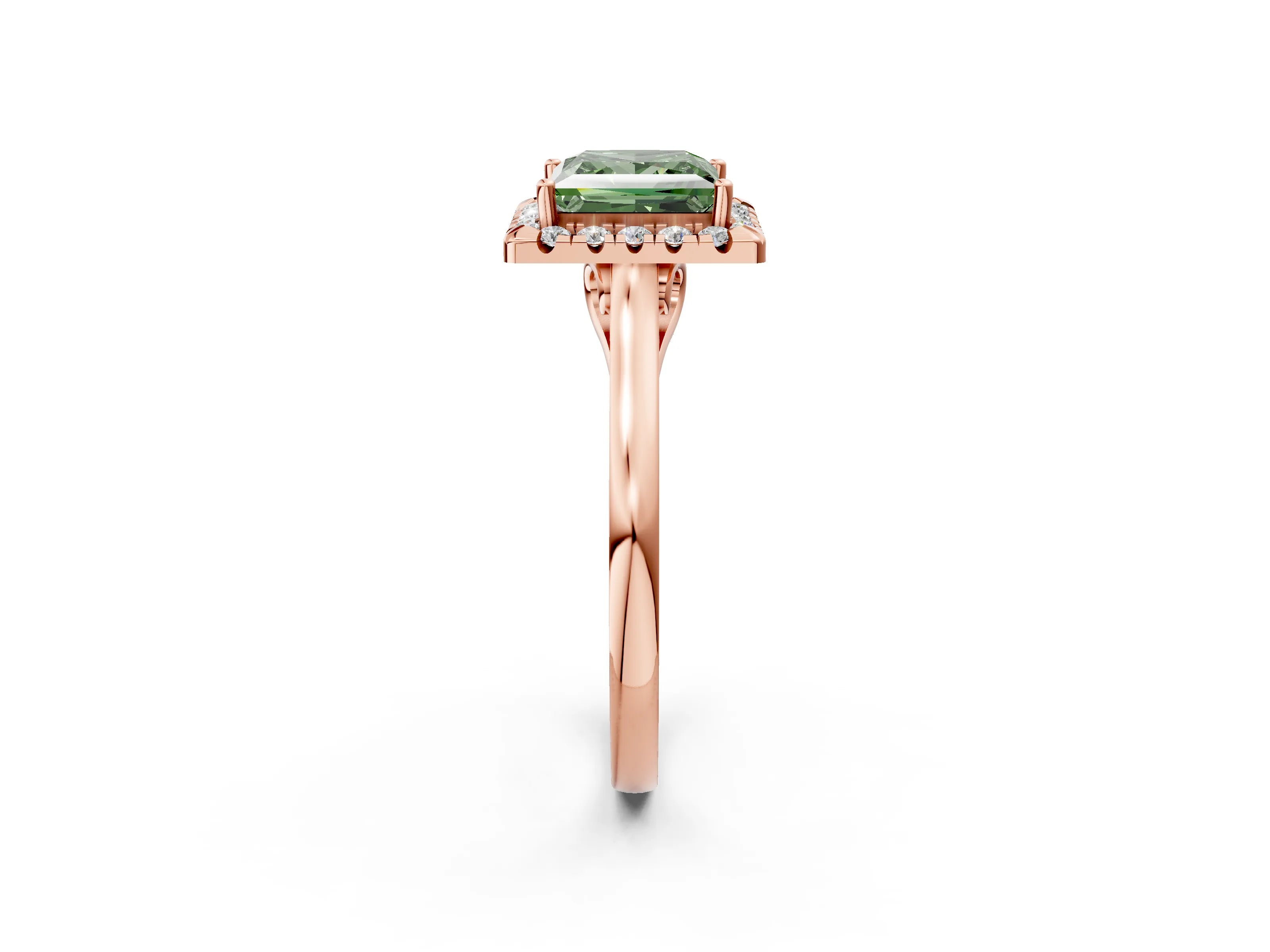Rose gold Fancy Green Princess Cut Halo Round Diamond Solitaire Ring with Pavé Band and Four-Prong Setting_14