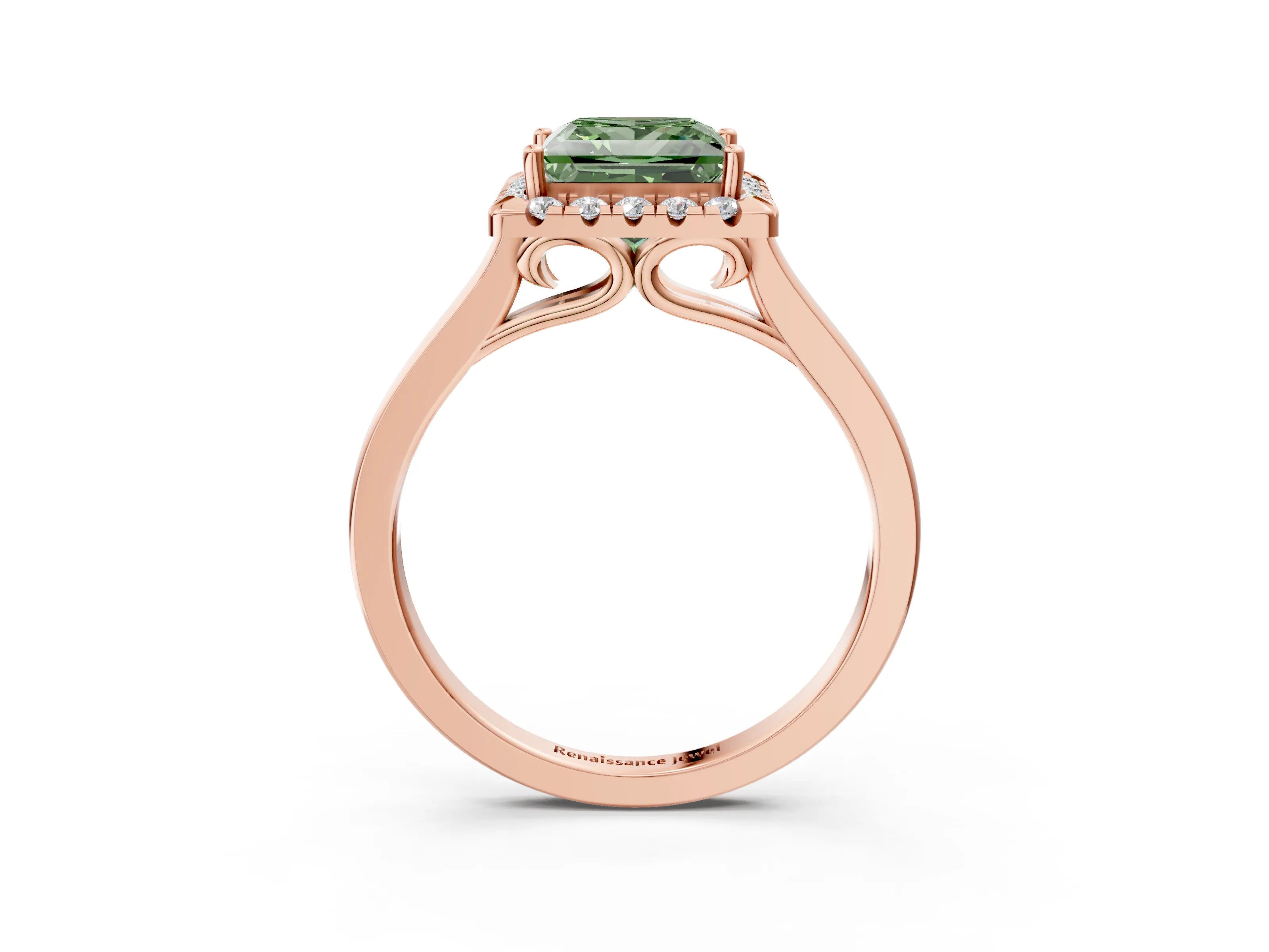 Rose gold Fancy Green Princess Cut Halo Round Diamond Solitaire Ring with Pavé Band and Four-Prong Setting_15