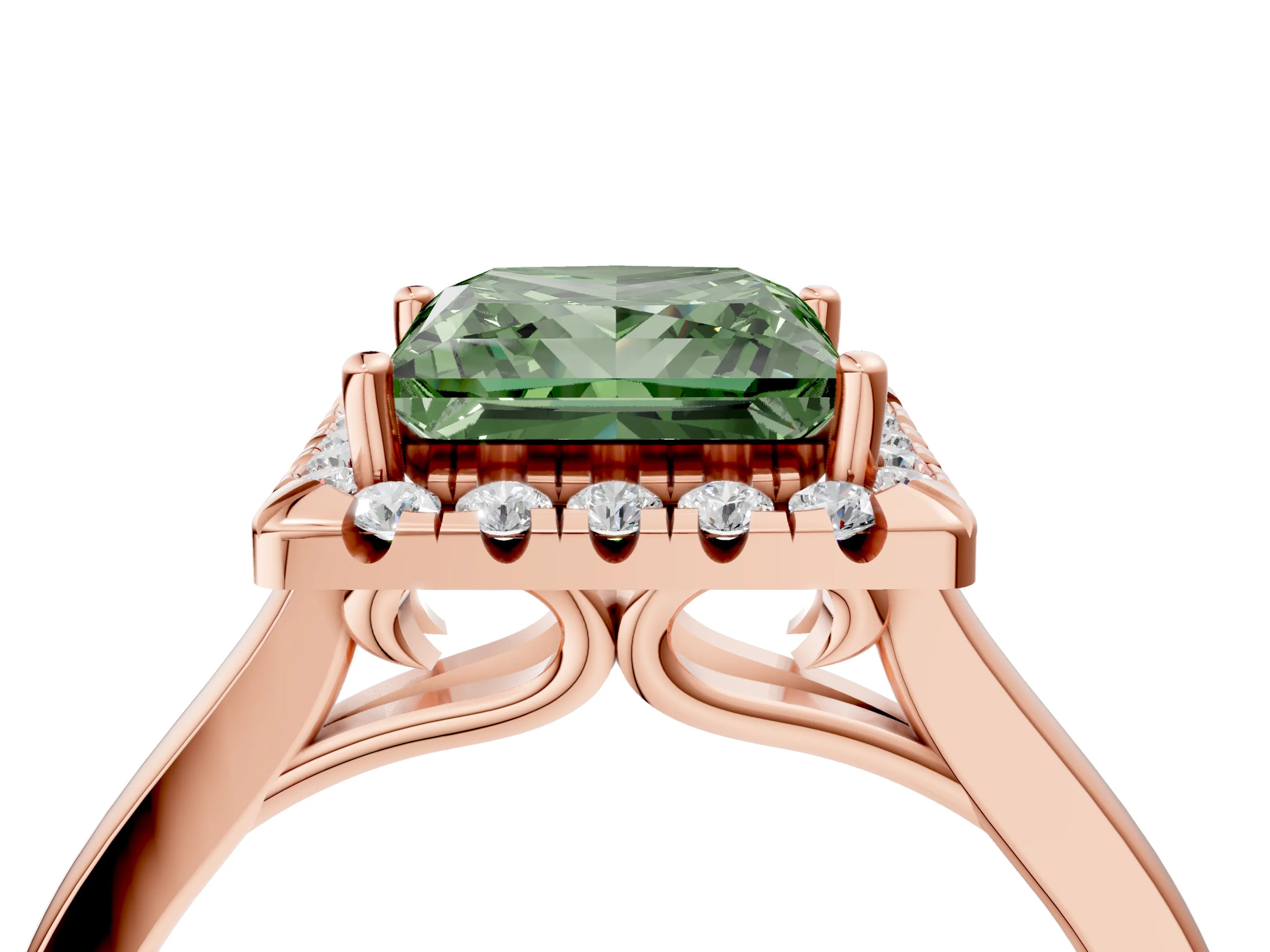 Rose gold Fancy Green Princess Cut Halo Round Diamond Solitaire Ring with Pavé Band and Four-Prong Setting_16