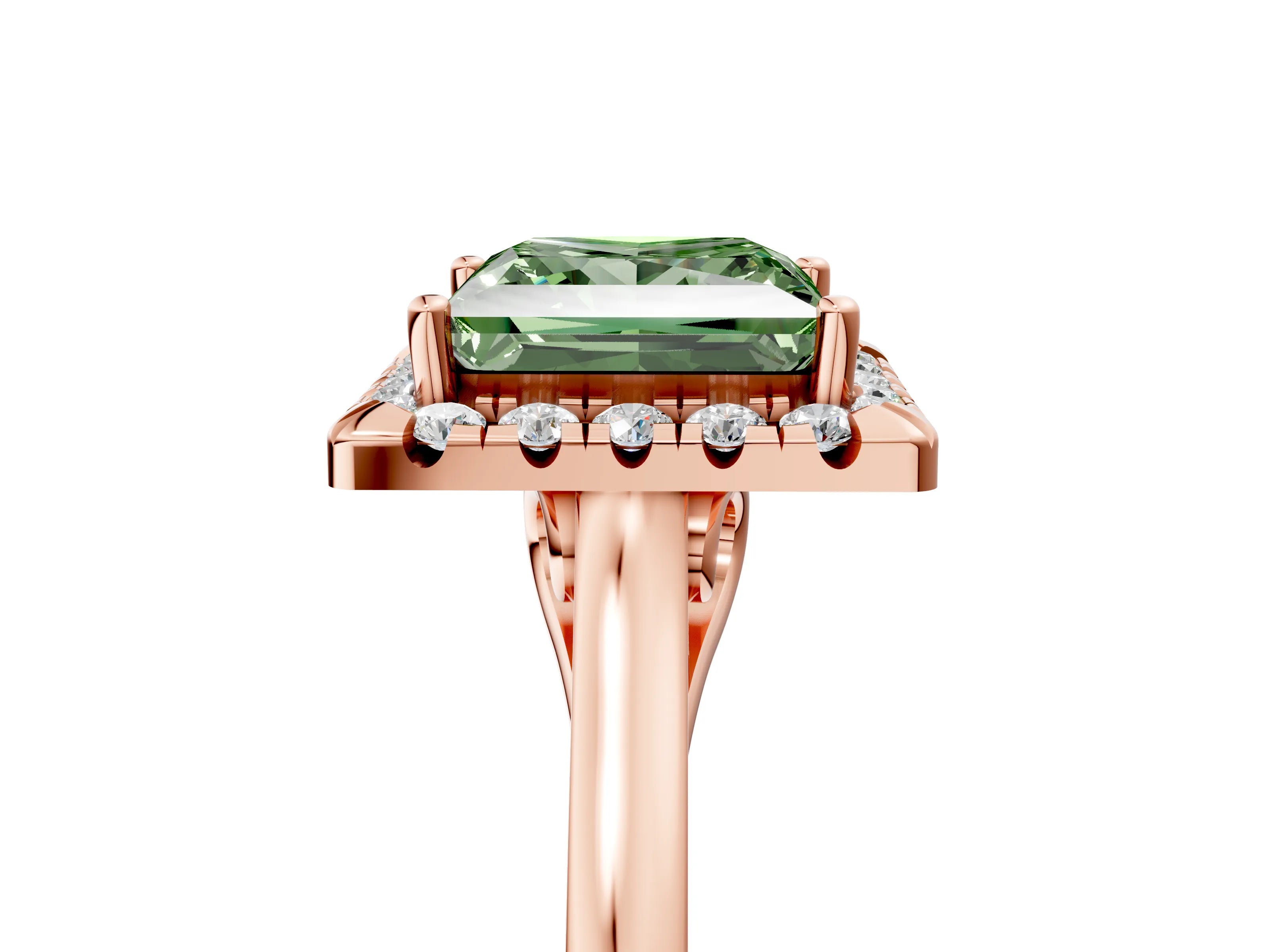 Rose gold Fancy Green Princess Cut Halo Round Diamond Solitaire Ring with Pavé Band and Four-Prong Setting_17