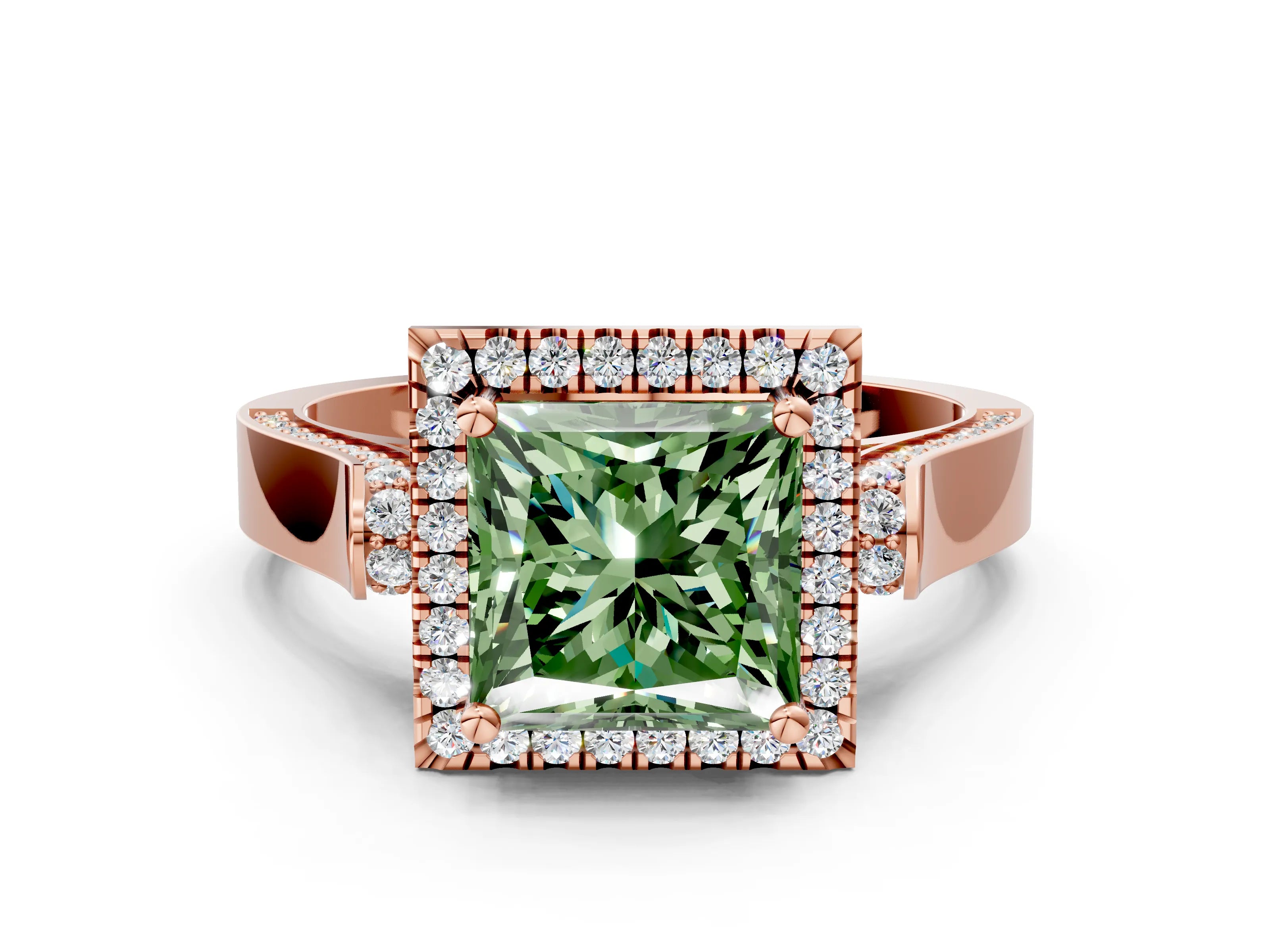 Rose gold Fancy Green Princess Cut Halo Round Diamond Twist Band with Four-Prong Setting