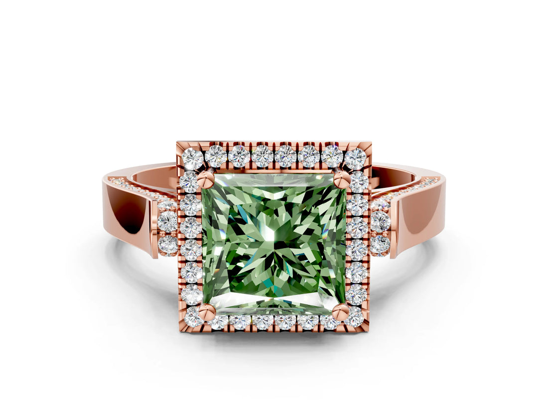 Rose gold Fancy Green Princess Cut Halo Round Diamond Twist Band with Four-Prong Setting