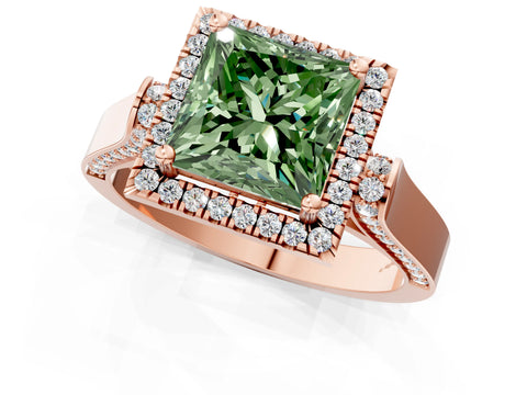 Rose gold Fancy Green Princess Cut Halo Round Diamond Twist Band with Four-Prong Setting_1