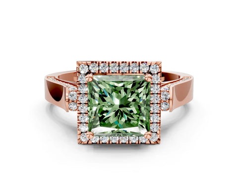 Rose gold Fancy Green Princess Cut Halo Round Diamond Twist Band with Four-Prong Setting