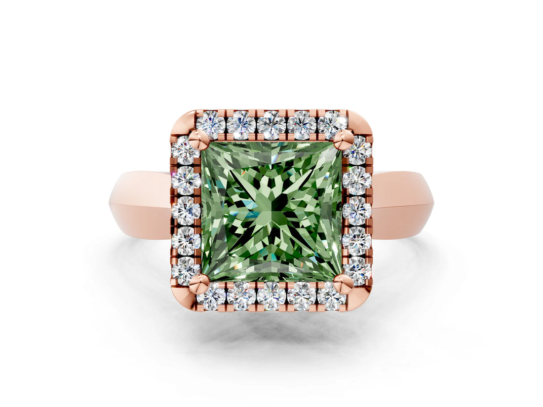 Rose gold Fancy Green Princess  Cut Halo Solitaire Engagement Ring with Square Band and Four-Prong Setting_77