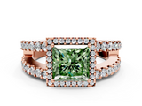 Rose gold Fancy Green Princess  Cut Halo Split Shank Diamond Ring with Four-Prong Setting
