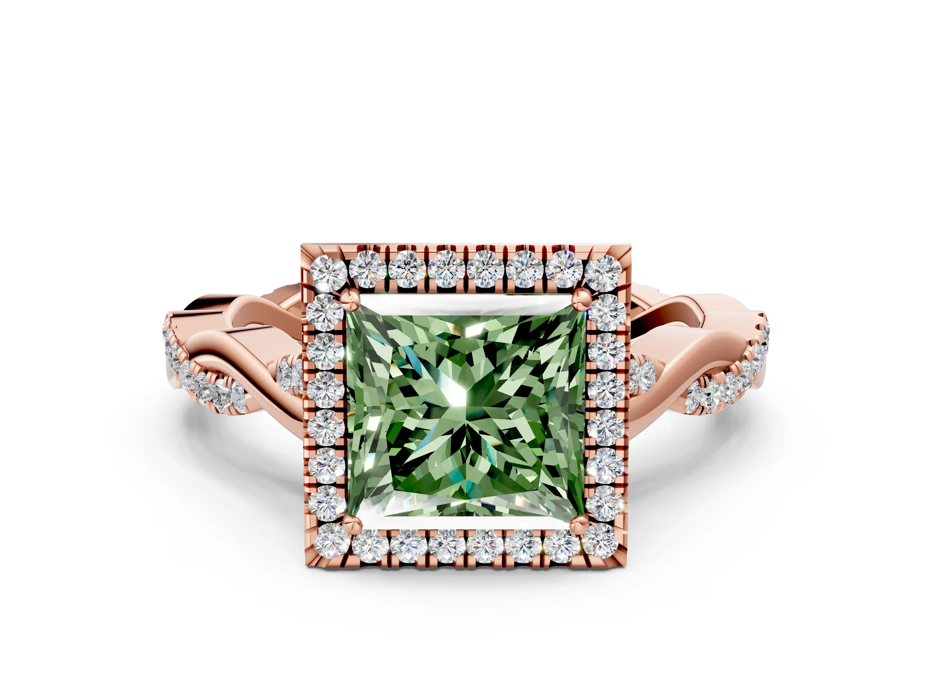 Rose gold Fancy Green Princess Cut Halo Twist Band with Four-Prong Setting