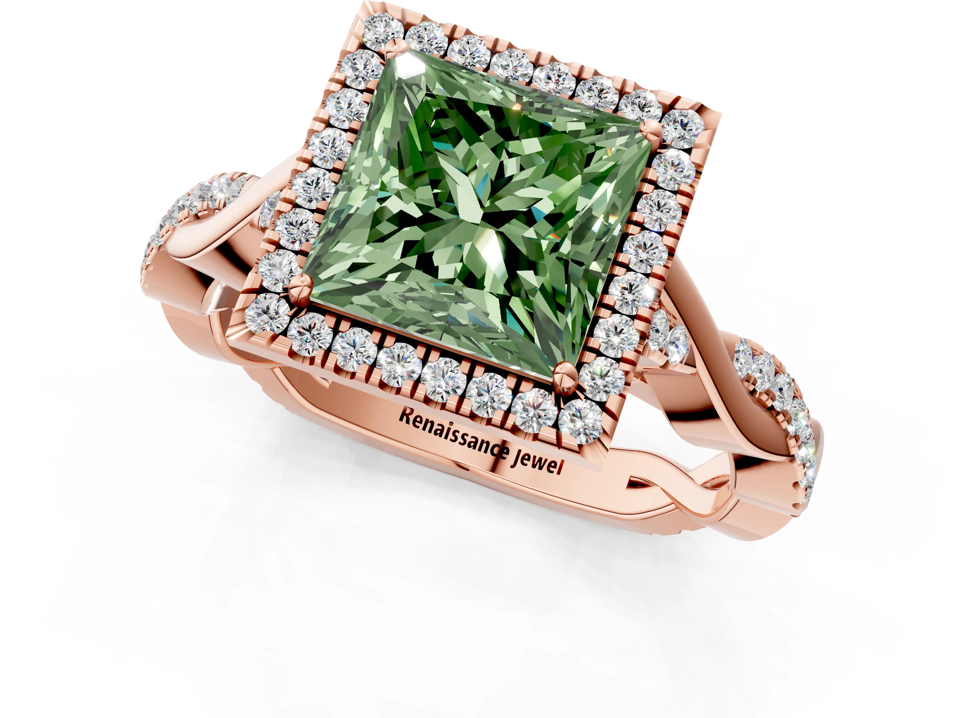 Rose gold Fancy Green Princess Cut Halo Twist Band with Four-Prong Setting_1