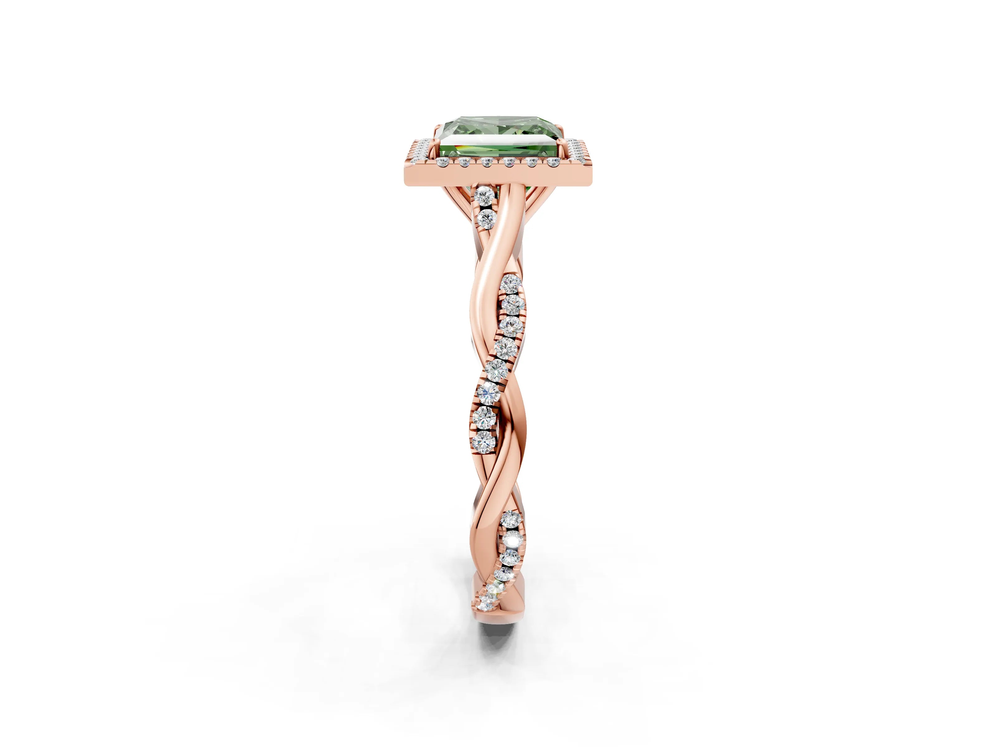 Rose gold Fancy Green Princess Cut Halo Twist Band with Four-Prong Setting_14