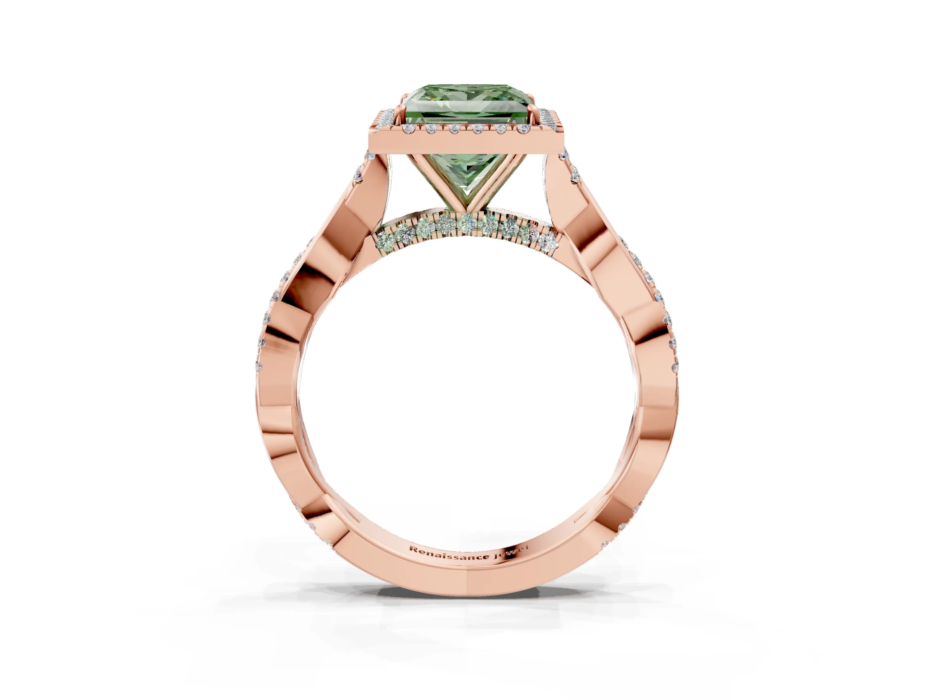 Rose gold Fancy Green Princess Cut Halo Twist Band with Four-Prong Setting_15