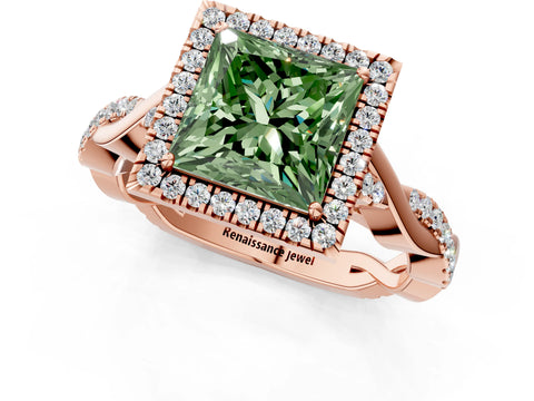 Rose gold Fancy Green Princess Cut Halo Twist Band with Four-Prong Setting_1