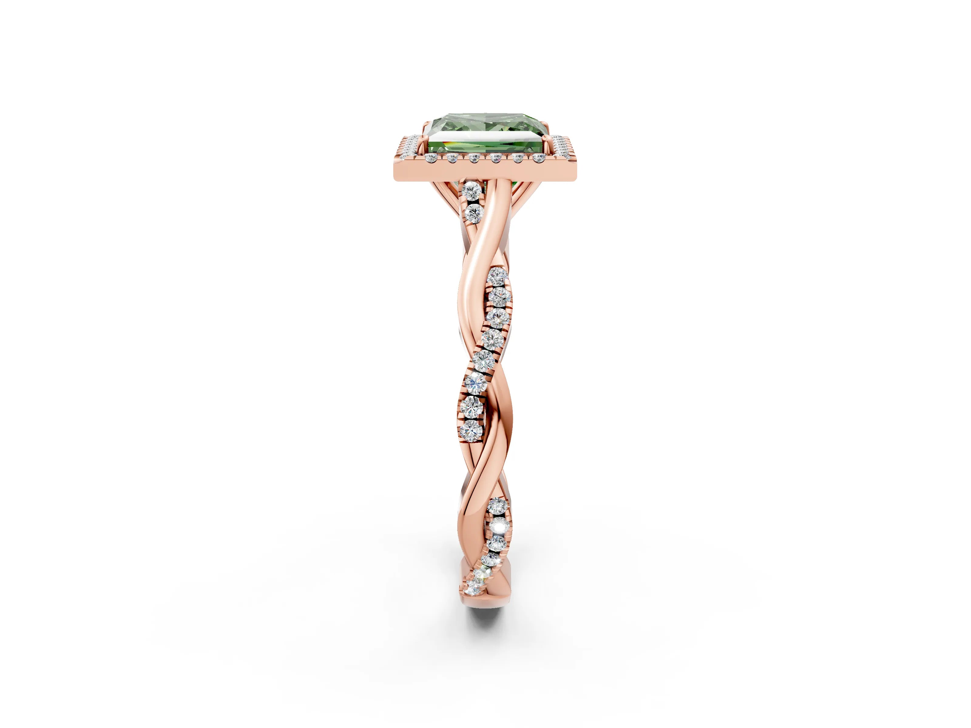 Rose gold Fancy Green Princess Cut Halo Twist Band with Four-Prong Setting_2