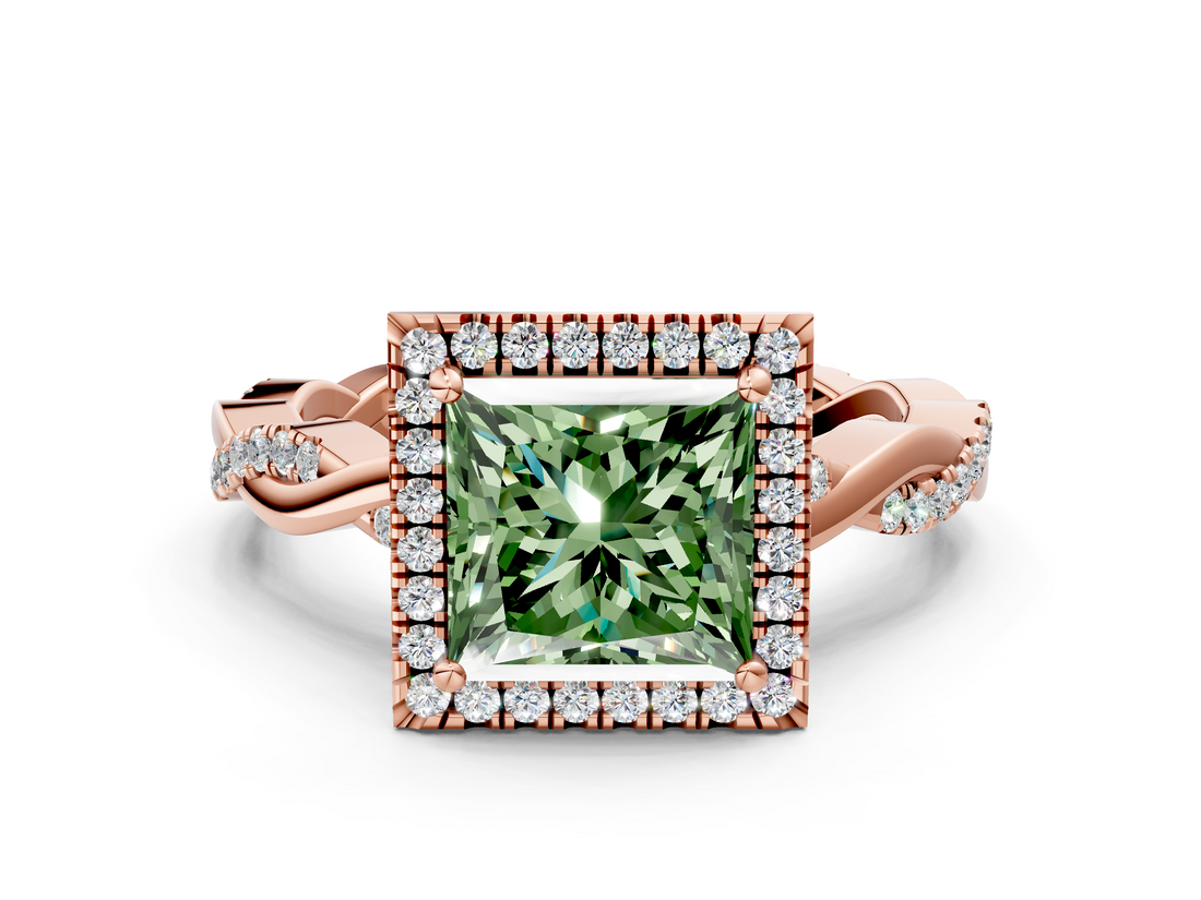 Rose gold Fancy Green Princess  Cut Halo Twisted Band Four-Prong Ring
