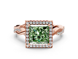 Rose gold Fancy Green Princess  Cut Halo Twisted Band Four-Prong Ring