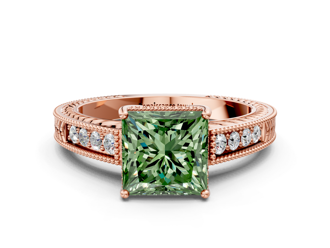 Rose gold Fancy Green Princess  Cut Milgrain Channel Set Engagement Ring with Solitaire Prong Setting