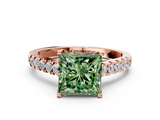 Rose gold Fancy Green Princess  Cut Pavé Band Solitaire Ring with Four-Prong Setting