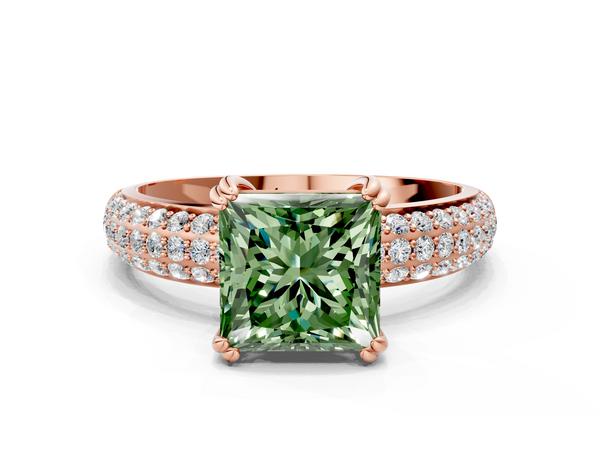 Rose gold Fancy Green Princess  Cut Pave Diamond Engagement Ring with Channel Set Band and Four-Prong Setting