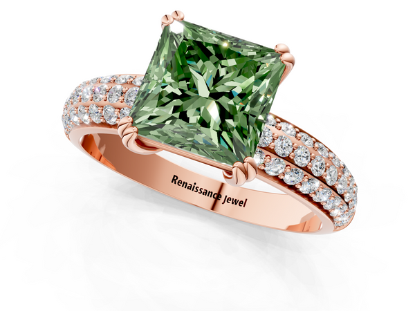 Rose gold Fancy Green Princess  Cut Pave Diamond Engagement Ring with Channel Set Band and Four-Prong Setting