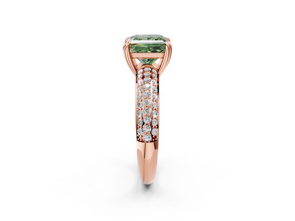 Rose gold Fancy Green Princess  Cut Pave Diamond Engagement Ring with Channel Set Band and Four-Prong Setting