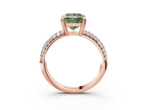 Rose gold Fancy Green Princess  Cut Pave Diamond Engagement Ring with Channel Set Band and Four-Prong Setting