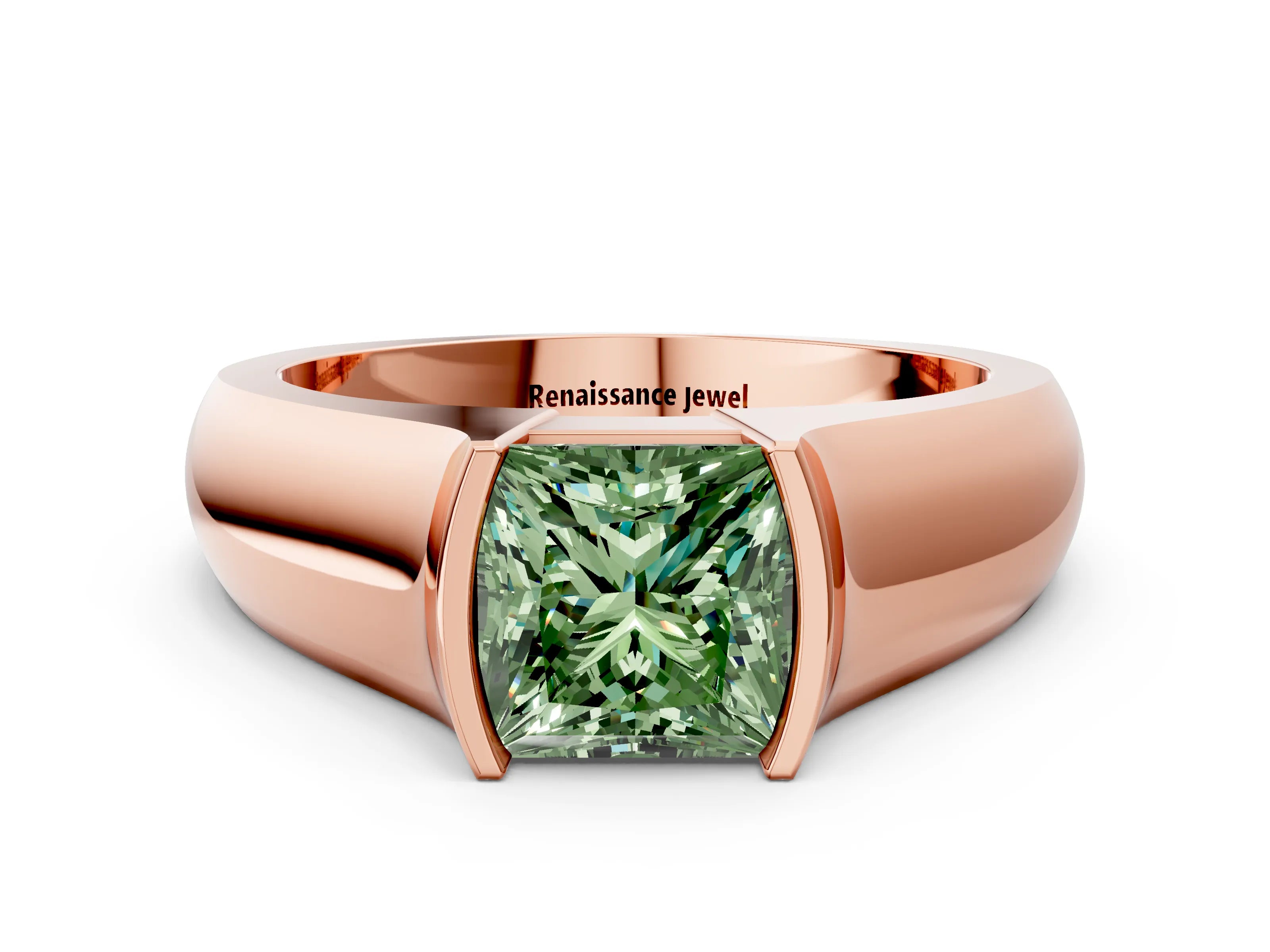 Rose gold Fancy Green Princess Cut Solitaire Bezel Set Diamond Ring with Wide Band