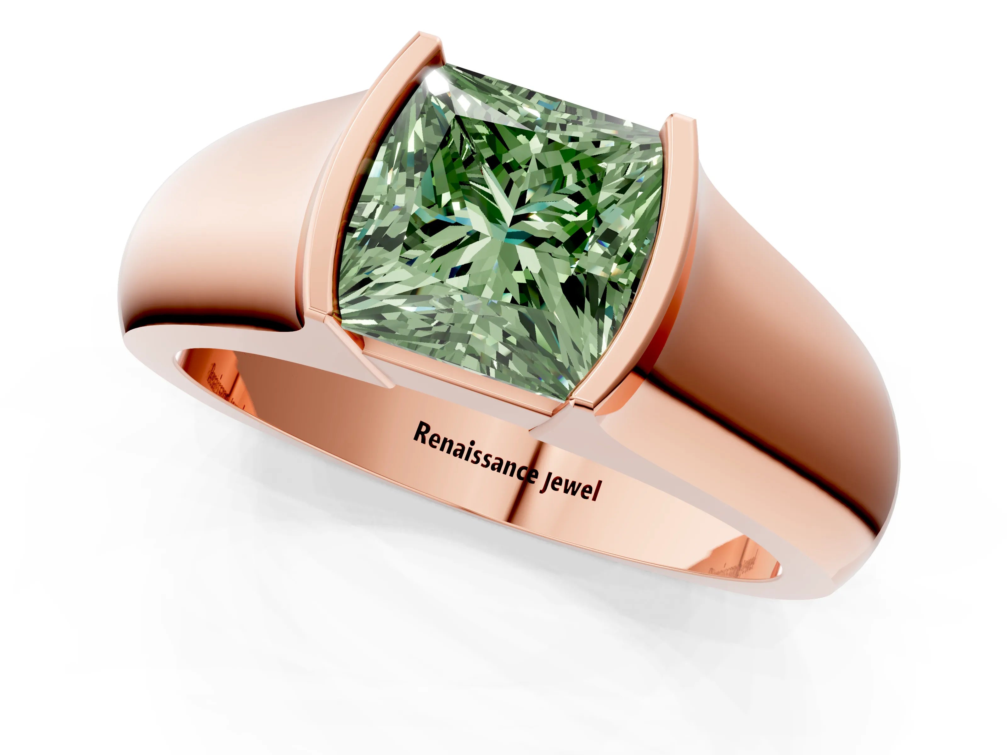 Rose gold Fancy Green Princess Cut Solitaire Bezel Set Diamond Ring with Wide Band_1