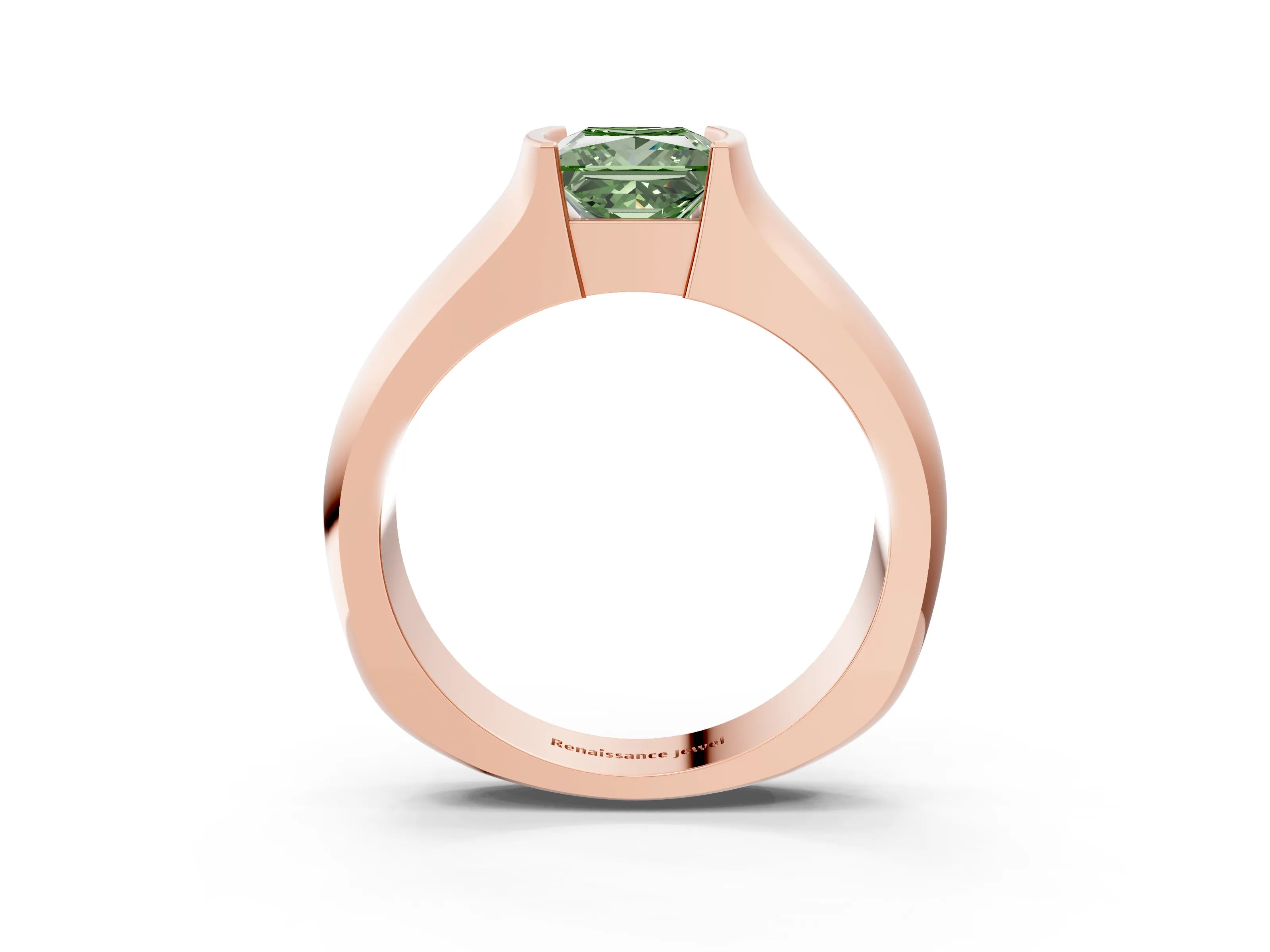 Rose gold Fancy Green Princess Cut Solitaire Bezel Set Diamond Ring with Wide Band_3