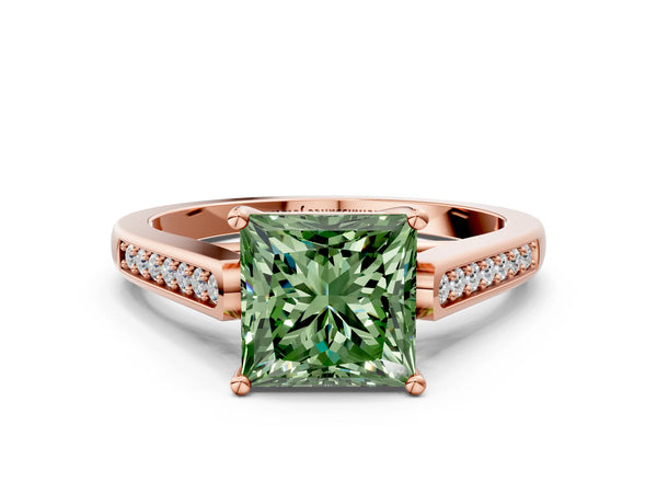 Rose gold Fancy Green Princess Cut Solitaire Cathedral Diamond Engagement Ring with Channel-Set Band and Four-Prong Setting