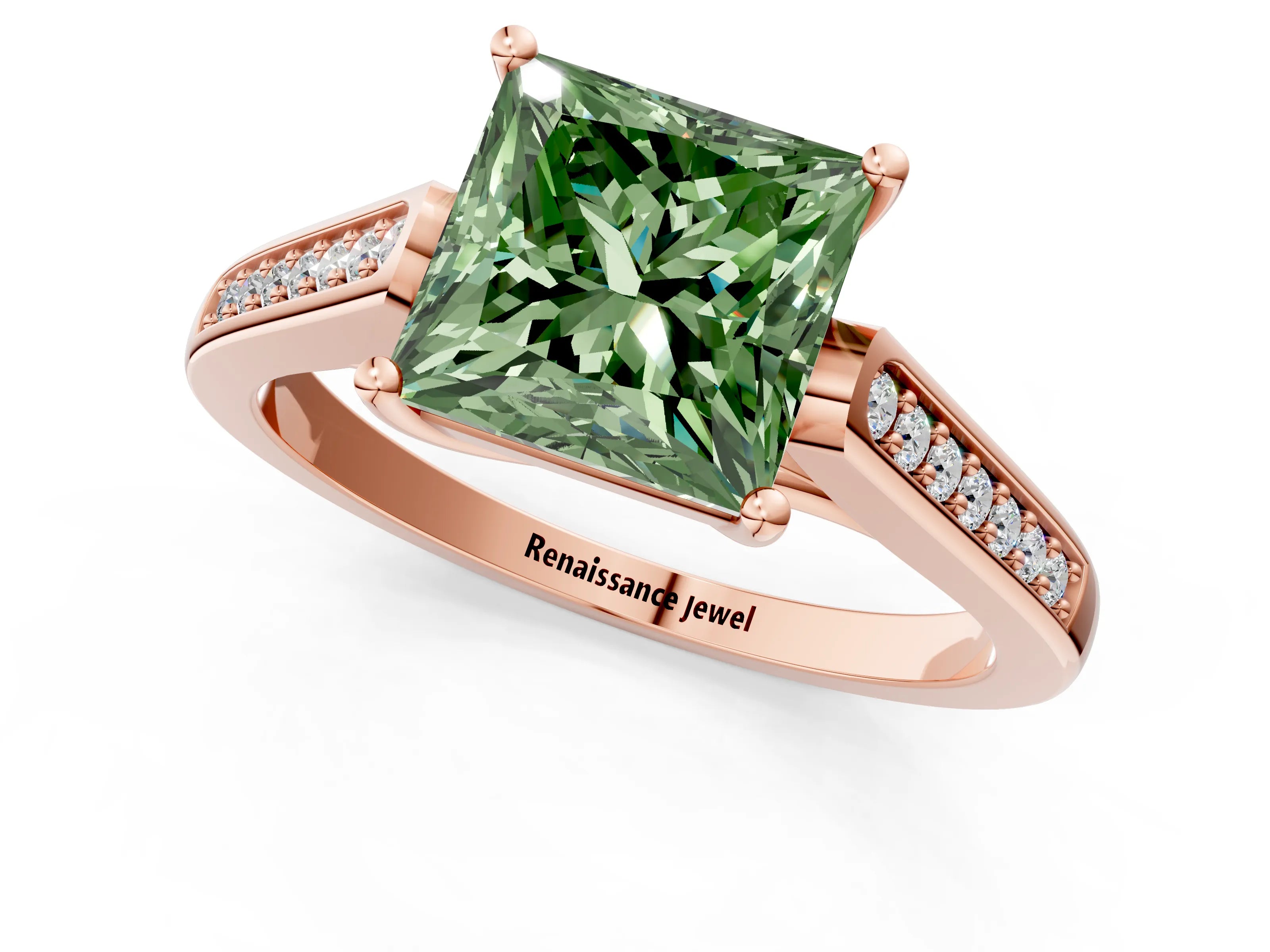 Rose gold Fancy Green Princess Cut Solitaire Cathedral Diamond Engagement Ring with Channel-Set Band and Four-Prong Setting_4