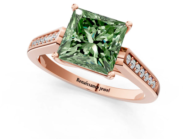 Rose gold Fancy Green Princess Cut Solitaire Cathedral Diamond Engagement Ring with Channel-Set Band and Four-Prong Setting