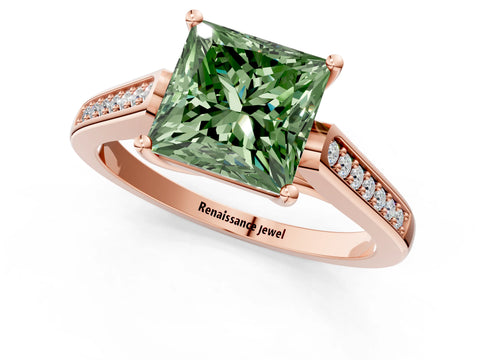 Rose gold Fancy Green Princess Cut Solitaire Cathedral Diamond Engagement Ring with Channel-Set Band and Four-Prong Setting_4