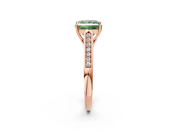 Rose gold Fancy Green Princess Cut Solitaire Cathedral Diamond Engagement Ring with Channel-Set Band and Four-Prong Setting