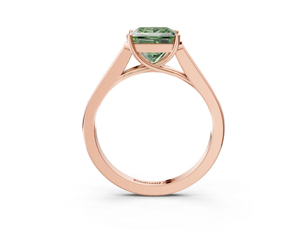 Rose gold Fancy Green Princess Cut Solitaire Cathedral Diamond Engagement Ring with Channel-Set Band and Four-Prong Setting