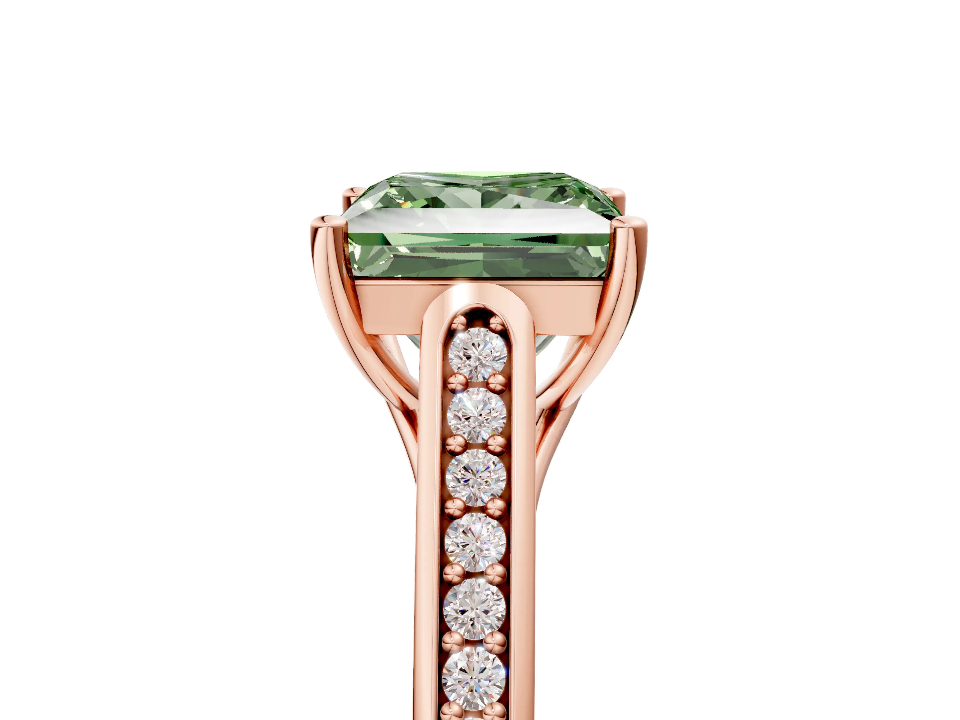 Rose gold Fancy Green Princess Cut Solitaire Cathedral Diamond Engagement Ring with Channel-Set Band and Four-Prong Setting_8