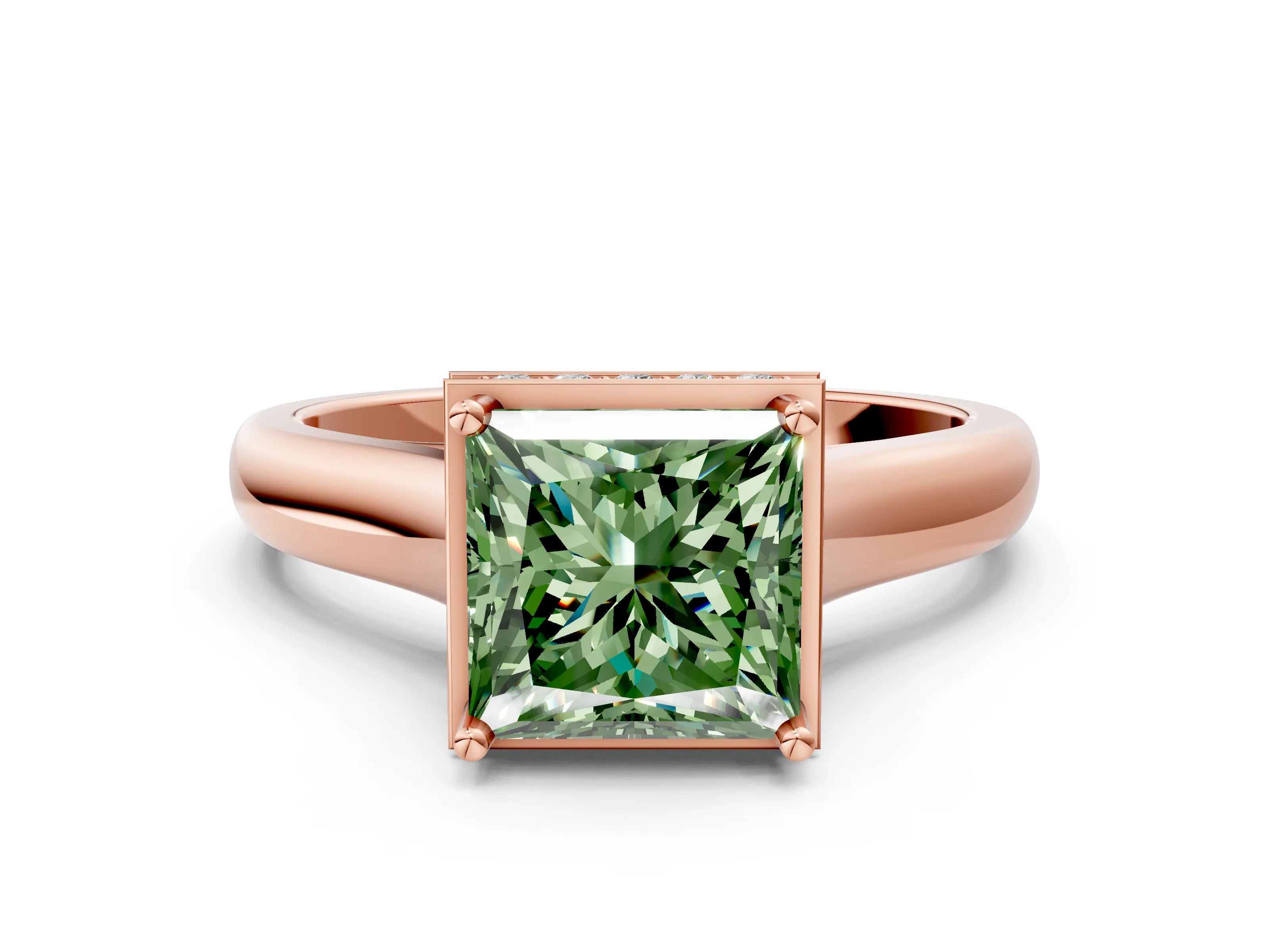 Rose gold Fancy Green Princess Cut Solitaire Diamond Engagement Ring with Four-Prong Setting and Tapered Band