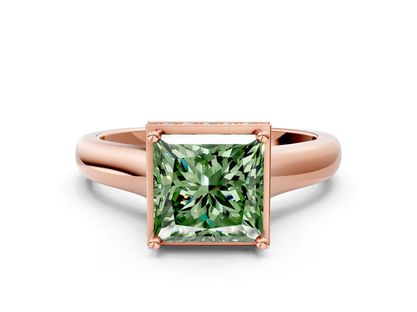 Rose gold Fancy Green Princess Cut Solitaire Diamond Engagement Ring with Four-Prong Setting and Tapered Band