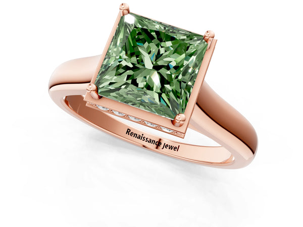Rose gold Fancy Green Princess Cut Solitaire Diamond Engagement Ring with Four-Prong Setting and Tapered Band