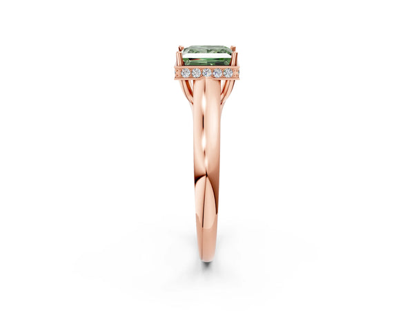 Rose gold Fancy Green Princess Cut Solitaire Diamond Engagement Ring with Four-Prong Setting and Tapered Band