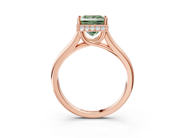 Rose gold Fancy Green Princess Cut Solitaire Diamond Engagement Ring with Four-Prong Setting and Tapered Band