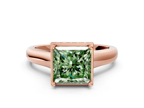 Rose gold Fancy Green Princess Cut Solitaire Diamond Engagement Ring with Four-Prong Setting and Tapered Band