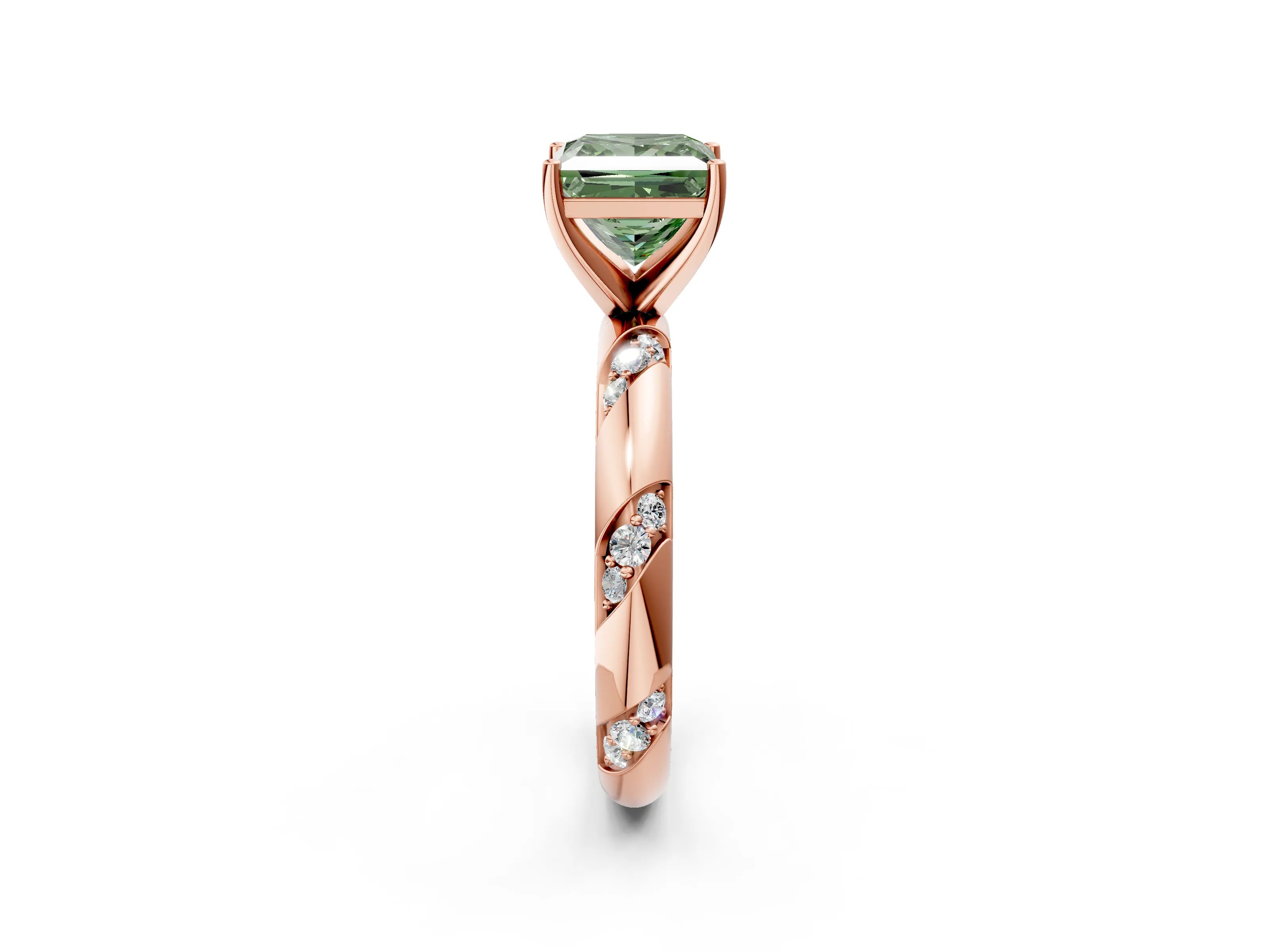 Rose gold Fancy Green Princess Cut Solitaire Diamond Engagement Ring with Twisted Pave Band and Four-Prong Setting_5