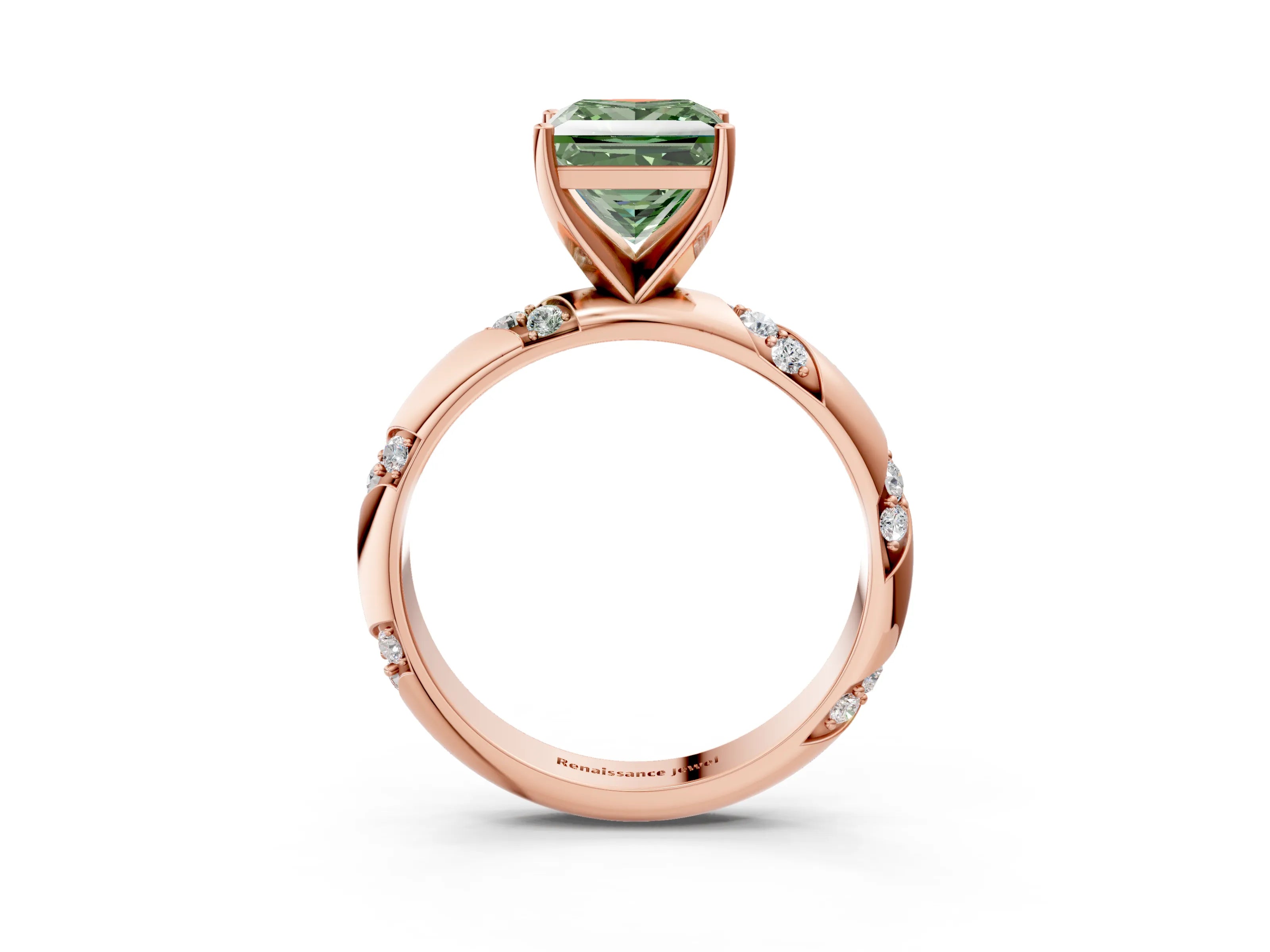 Rose gold Fancy Green Princess Cut Solitaire Diamond Engagement Ring with Twisted Pave Band and Four-Prong Setting_6