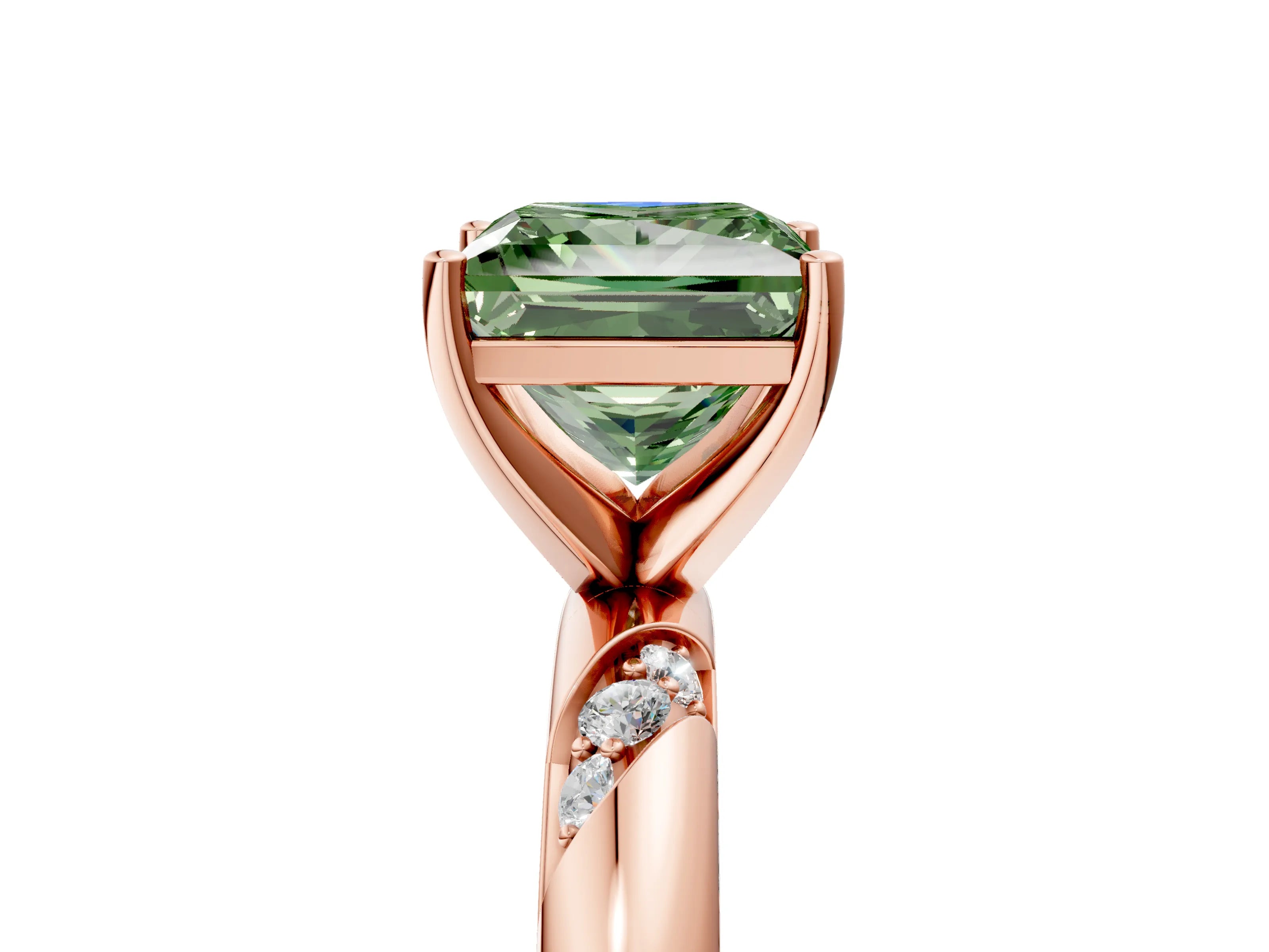 Rose gold Fancy Green Princess Cut Solitaire Diamond Engagement Ring with Twisted Pave Band and Four-Prong Setting_8