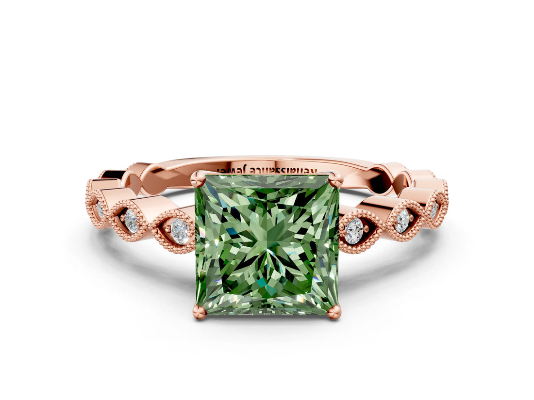 Rose gold Fancy Green Princess Cut Solitaire Diamond Ring with Infinity Twist Band and Four-Prong Setting