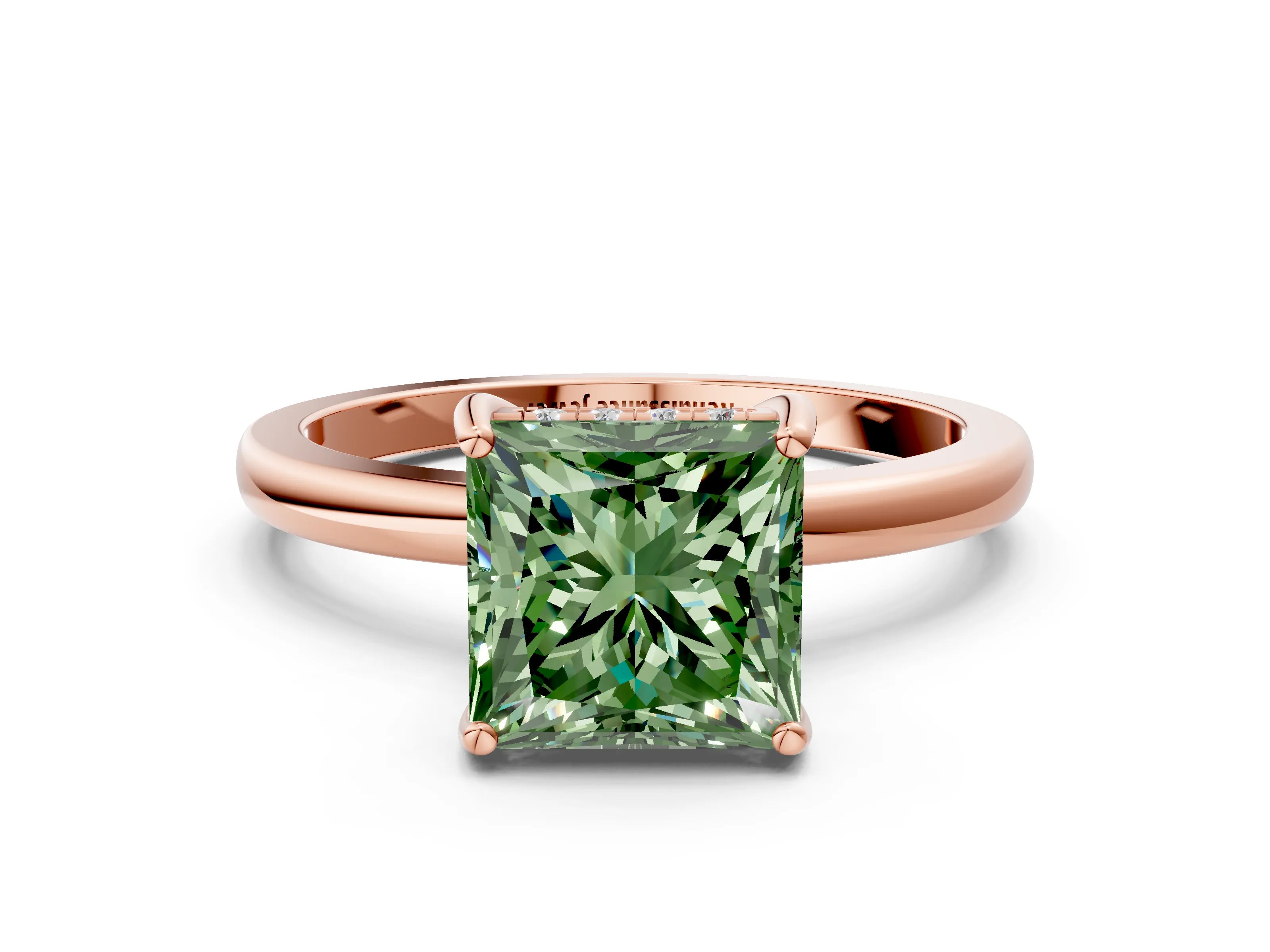 Rose gold Fancy Green Princess Cut Solitaire Diamond Ring with Prong Setting and Plain Band