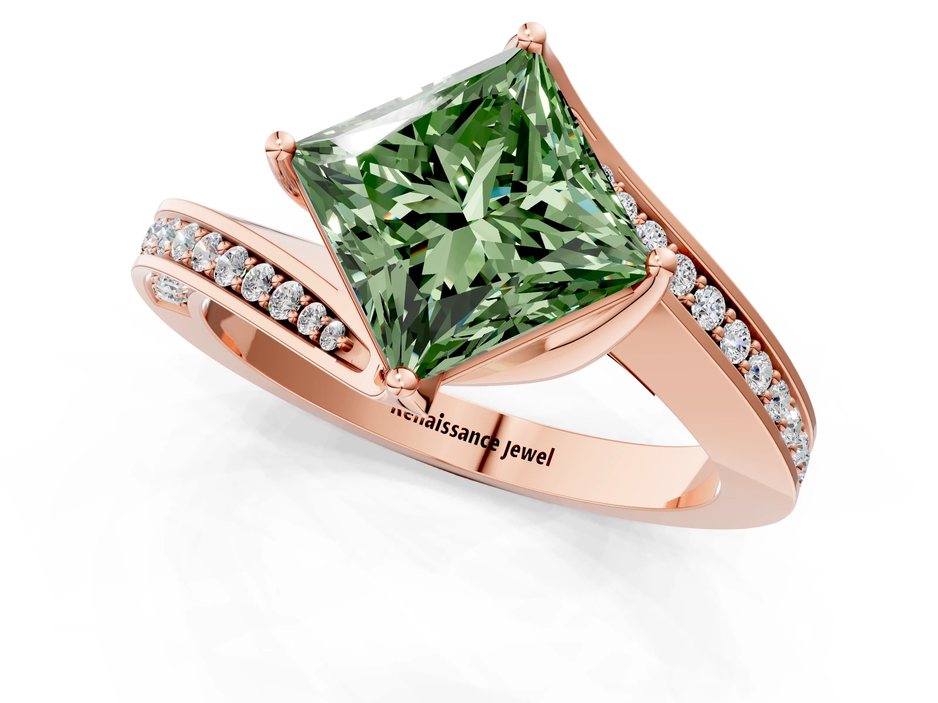 Rose gold Fancy Green Princess Cut Solitaire Diamond Twist Band with Pavé Setting and Four-Prong Setting_1