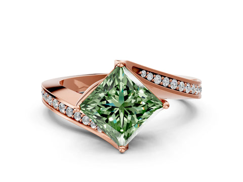 Rose gold Fancy Green Princess Cut Solitaire Diamond Twist Band with Pavé Setting and Four-Prong Setting