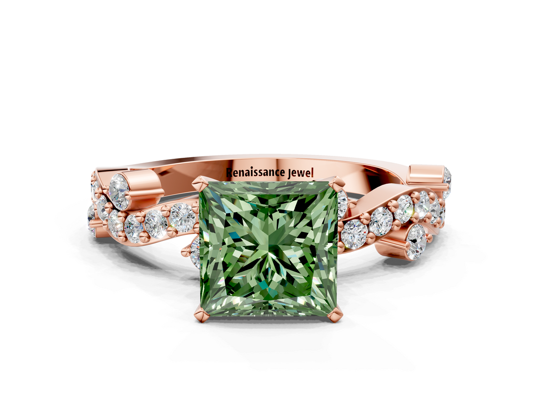 Rose gold Fancy Green Princess  Cut Solitaire Diamond Twisted Band with Pave Setting