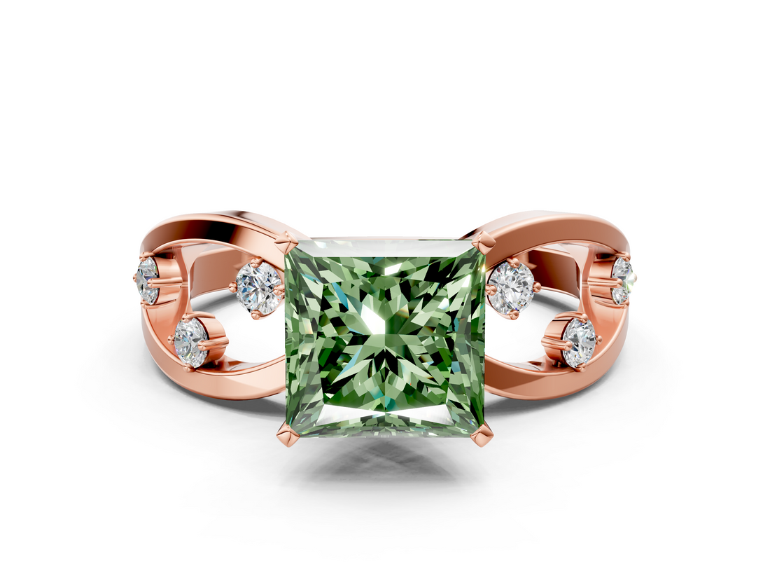 Rose gold Fancy Green Princess  Cut Solitaire Diamond with Side Stones on Criss-Cross Band and Four-Prong Setting